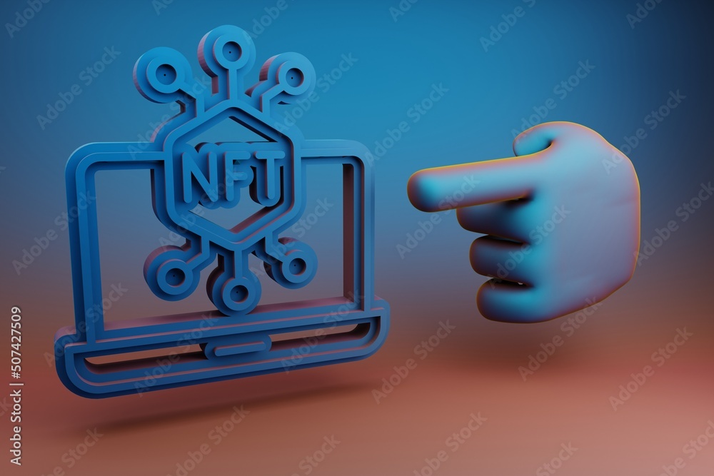 Fototapete Beautiful illustrations abstract Hand index finger points to NFT laptop symbol icon on a multicolor bright background. 3d rendering illustration. Background pattern for design.