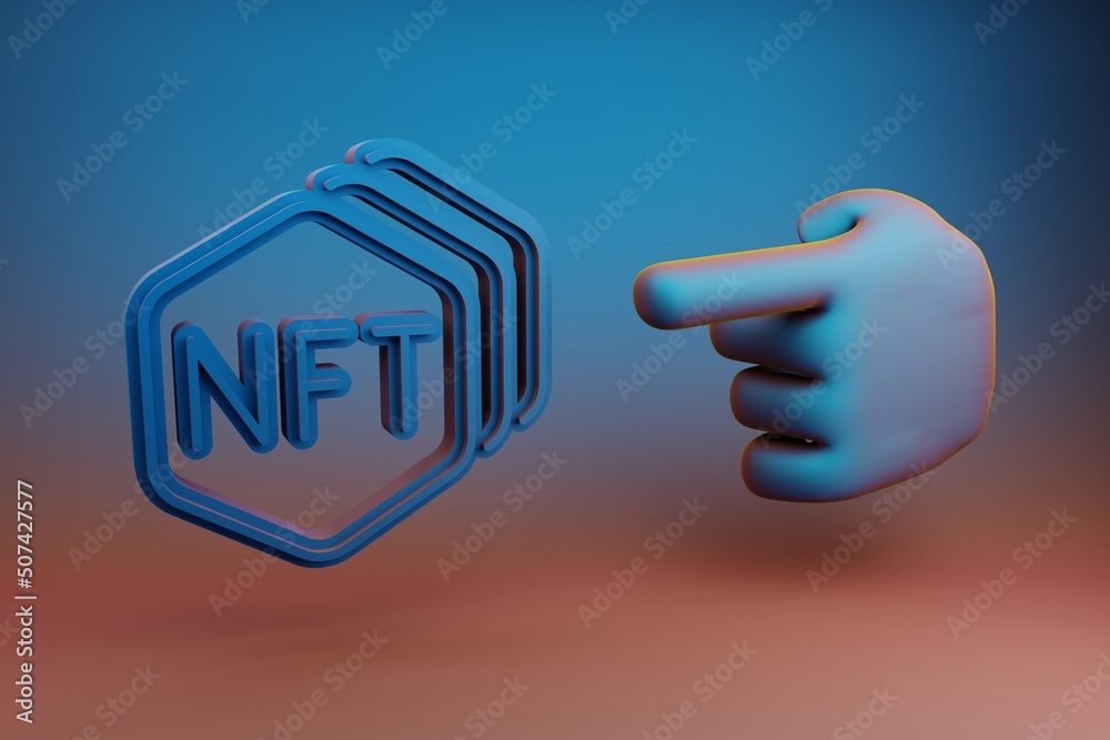 Leinwandbilder Beautiful illustrations abstract Hand index finger points to NFT Collection symbol icon on a multicolor bright background. 3d rendering illustration. Background pattern for design.