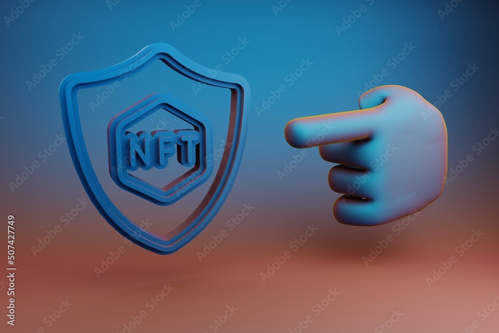 Fototapete beautiful illustrations abstract hand index finger points to nft security symbol icon on a multicolo