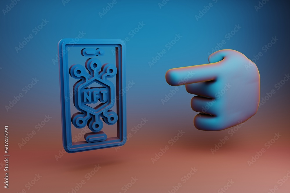 Leinwandbilder Beautiful illustrations abstract Hand index finger points to NFT Smartphone symbol icon on a multicolor bright background. 3d rendering illustration. Background pattern for design.