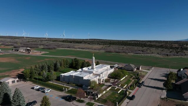 Aerial LDS temple church Monticello Utah circle. Settled in July 1887 by pioneers from The Church of Jesus Christ of Latter-day Saints.