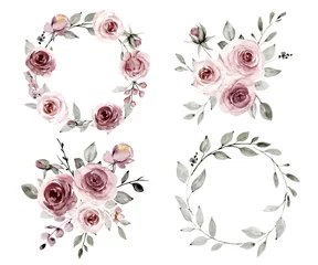 Behang Bloemen Set aquarel bloemen hand schilderen, bloemen vintage boeketten, kransen met roze rozen. Decoratie voor poster, wenskaart, verjaardag, bruiloft ontwerp. Geïsoleerd op een witte achtergrond.