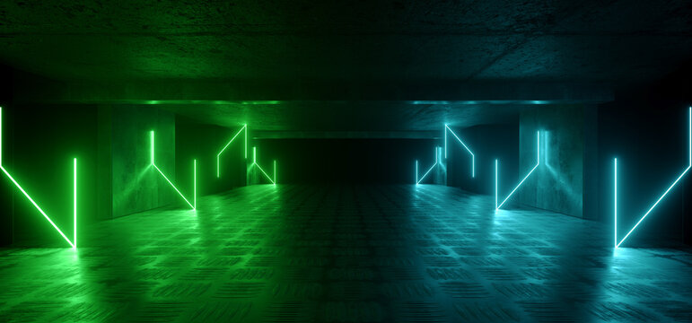 Sci Fi Garage Green Blue Neon Laser Retro Modern Spaceship Studio Showroom Gallery Concrete Asphalt Floor Hangar Tunnel Corridor 3D Rendering © IM_VISUALS