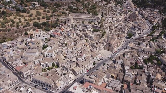 Aerial drone shot of the baroque town of Scicli, Province of Ragusa, south east Sicily.