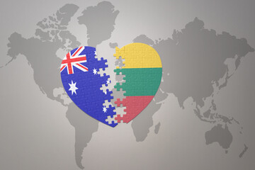 puzzle heart with the national flag of lithuania and australia on a world map background. Concept. - obrazy, fototapety, plakaty