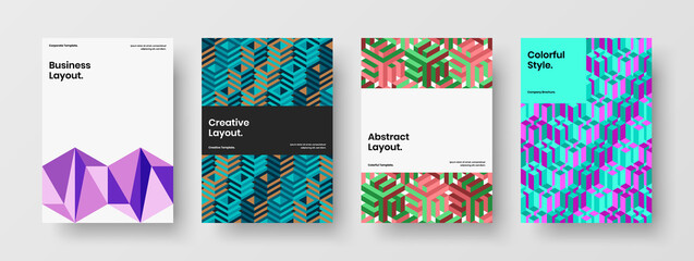 Original mosaic hexagons booklet concept bundle. Colorful front page vector design layout set.