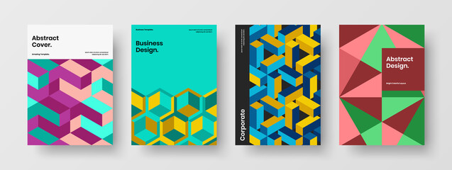 Obraz premium Multicolored mosaic hexagons placard template composition. Vivid corporate brochure A4 vector design layout set.