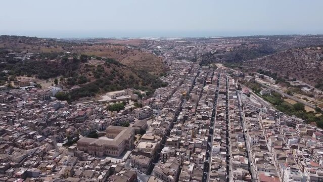 Aerial drone shot of the baroque town of Scicli, Province of Ragusa, south east Sicily.