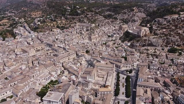Aerial drone shot of the baroque town of Scicli, Province of Ragusa, south east Sicily.