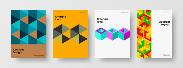 Fototapeta premium Bright mosaic hexagons annual report template bundle. Amazing corporate identity A4 design vector layout set.