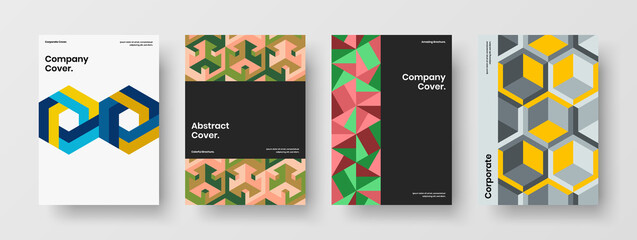 Fototapeta premium Vivid geometric hexagons corporate cover layout bundle. Creative handbill A4 vector design illustration set.