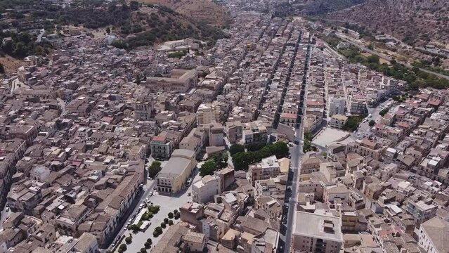 Aerial drone shot of the baroque town of Scicli, Province of Ragusa, south east Sicily.