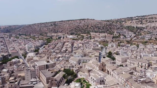Aerial drone shot of the baroque town of Scicli, Province of Ragusa, south east Sicily.