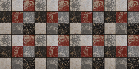 Old gray red vintage worn shabby mosaic ornate patchwork motif porcelain stoneware tiles, with lace...