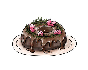 Hand drawn illustration of chocolate birthday cake with pink berries and decorations. Festive postcard, cartoon style, outline black ink, sketch, bakery, christmas cake