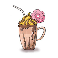 A pink cup of hot chocolate or coffee with pink donut. Hand drawn illustration. Festive postcard, cartoon style, outline black ink, colorful sketch, pink sweets, milk shake