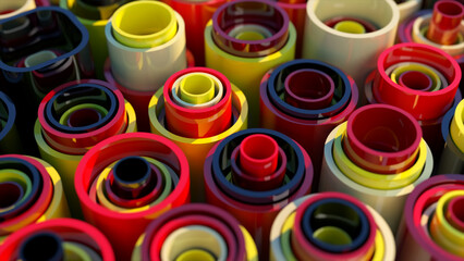 Abstraction concept. The pipes are stacked one inside the other. Red, yellow, beige color. 3d illustration