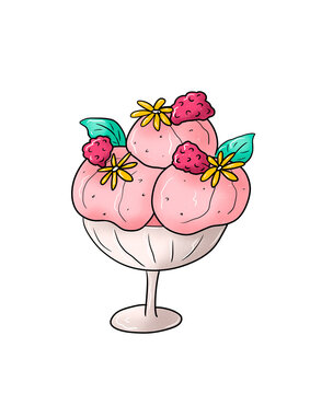 Hand drawn illustration of pink ice cream with raspberry in a bowl. Festive postcard, cartoon style, outline black ink, colorful sketch, bakery, pink sweets, sweet dessert