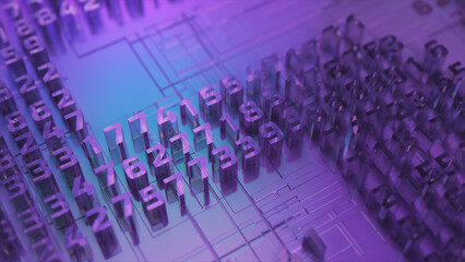 Obraz premium Digital dollar from numbers close-up. Digital dollar. Dollar logo. Microcircuit. Blue purple color. 3d Illustration