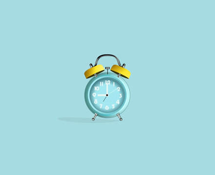 Realistic alarm clock logo design. Light blue table clock. Business watch. Vector design element for you project۔