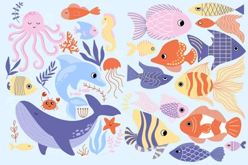 Papier Peint photo Lavable Vie marine Cartoon sea and ocean fish underwater animals set. Childish colored flat vector illustration with cute crab, whale, dolphin, octopus and colorful fishes
