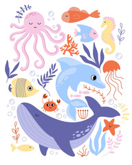 Obraz premium Cartoon sea and ocean underwater animals set. Childish colored flat vector illustration with cute crab, whale, dolphin, octopus and colorful fishes