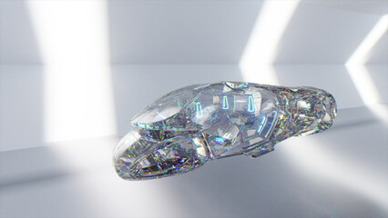 The concept of future technologies. The diamond car flies through a white light tunnel. 3d Illustration