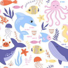 Cute seamless childish pattern with sea animals and fish. Bright background for the design of textiles, notepads, wallpaper, paper