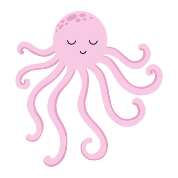Funny sun pink octopus cartoon character vector illustration in flat cartoon style for your design