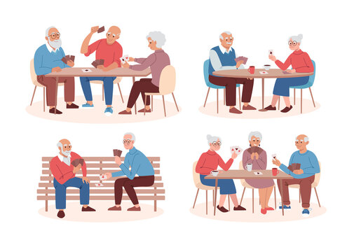 Retirement Age People Play Card Board Games. Elderly People Have Fun Together Playing Poker. Old Men And Elderly Women, Seniors Are Friends In A Nursing Home. Set Of Flat Vector Illustrations.