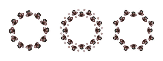 Set of 3 wreaths with brown ceramic coffee cups and saucers, isolated on white. Watercolor illustration. For cards, invitations, menu, recipe, scrapbook, stationery and packaging design