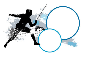 Fencing sport graphic with dynamic background and buttons for text.