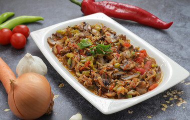 Turkish and Arabic Traditional Salad Gavurdagi on wood table