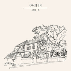 Vector street in Cochin (Kochi), Kerala, South India postcard. Old house architecture drawing. Heritage colonial building and tropical plants in the garden in Fort Kochi. Historical landmark poster - obrazy, fototapety, plakaty