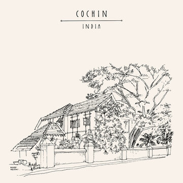 Vector street in Cochin (Kochi), Kerala, South India postcard. Old house architecture drawing. Heritage colonial building and tropical plants in the garden in Fort Kochi. Historical landmark poster
