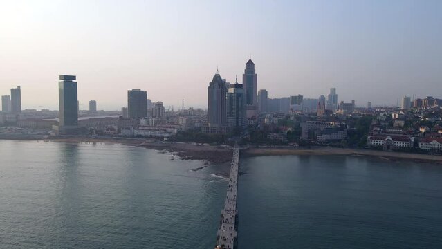 Aerial photography of Qingdao bay architectural landscape skyline