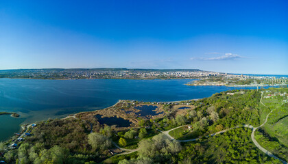 Panorama view from a height of the city of Sozopol with houses and boats near the Black Sea