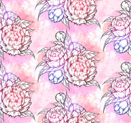 Seamless neon pattern with sketch of bunch of peonies on pink watercolor splashes. Natural fabric swatch. Vector botanical texture