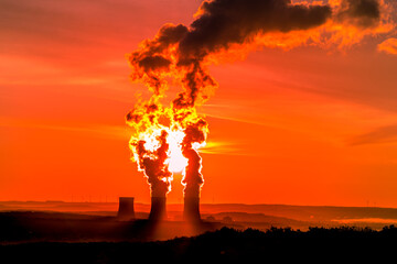 Zoom sur 3 réacteurs d'une centrale nucléaire, au coucher du soleil. Le soleil rouge est visible...