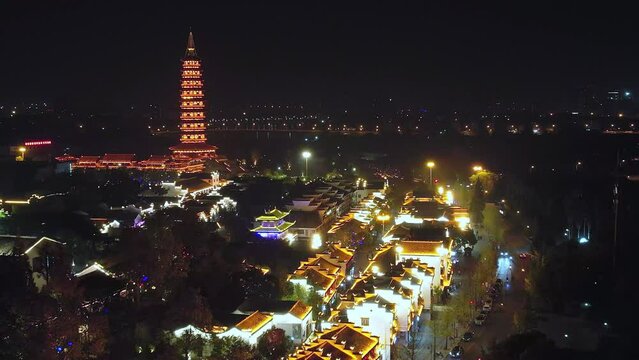 aerial view of old business street in jinhua at night
