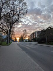 sunset over the city road in spring