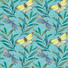 Fototapeta na wymiar Abstract seamless background of leaves and butterflies for design, fabric, wallpaper, wrapping paper. Graceful botanical drawing. Watercolor illustration processed in a digital program.