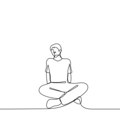 man sits on the floor leaning on his hands behind his back his legs are crossed in a Turkish pose - one line drawing vector. concept sit on the floor, procrastination, laziness, inactivity