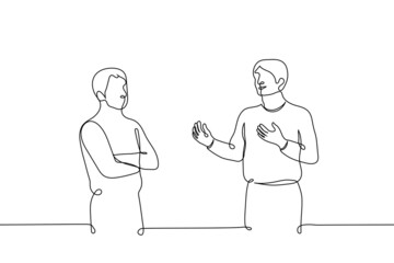 man listens skeptically to the speaker - one line drawing vector. concept joyful speaker gesticulates, advertises something and his listener stands with crossed arms unimpressed by the speech