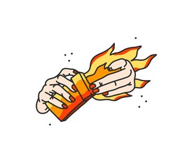 Hand drawn vector abstract flat graphic illustration print with retro ,vintage modern female hands with a pack of cigarettes in flame.Funky pop art badge isolated on white.Modern Cigarette concept.