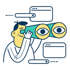 Internet search concept. The process of discovery and research in the network. Cartoon man looks with binoculars.