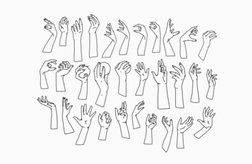 Womans hand collection line set bundle. Vector feminine Illustrations of female hands of different gestures. Lineart in a trendy minimalist style. Logo design, hand cream, nail Studio, posters,cards.