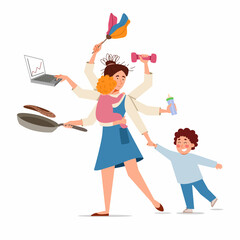 Multitasking mom in the image of Shiva. A woman cooks food, cleans dust, takes care of children and works at a laptop. Vector illustration of a housewife in a flat style.