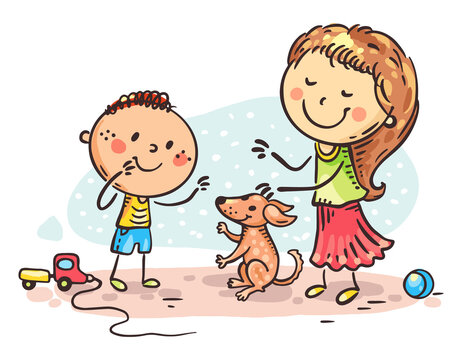 Cartoon happy doodle family playing with their puppy