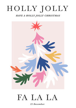 Multicoloured xmas tree decorated with star top cutout shape vector illustration. Matisse inspired collage. Have a holly jolly Merry Christmas greeting postcard for holiday season gift ideas.
